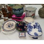 A Losol "Langham" jardinière; another, blue and green leaf pattern; a blue & white tureen; etc.