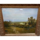 Chas Ross: River landscape with sheep, 20th century oil on canvas, signed, 19.5" x 23.5", framed and