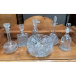 A large cut glass bowl, other cut glass and decanters etc