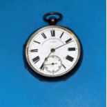 An open face hallmarked silver cased pocket watch with second complication, silver and gilt dial,