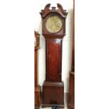 An 18th century long case clock with swan pediment, turned columns, eight day movement with brass
