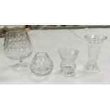An Edinburgh etched thistle glass and another, a large Stuart Crystal brandy glass and a similar
