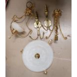A pair of brass period style 2 branch gas fittings; 3 chandelier fittings