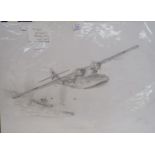 Terry Farrimond: Catalina flying boat dropping barrel bombs on an enemy submarine, pencil drawing,