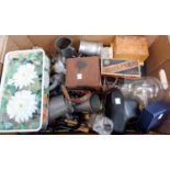 A selection of vintage cameras; pewter; an overnight case; other metalware and bric-a-brac