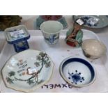 A selection of Chinese porcelain including three tea bowls, a pedestal dish, a square dish and a