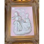 An 18th century porcelain relief plaque; a reproduction Pooh Bear sketch; an oil, girl in grass,