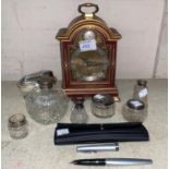A 1970's Schaeffer fountain pen; a Georgian style red lacquered mantel clock; a selection of