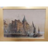 19th Century Continental: A Vincent, watercolour, town scene with river barges, signed, 9" x 13";