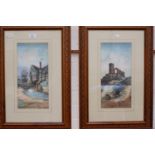 E J B Evans: "Mow Cop" & "Little Moreton Hall", pair of watercolours, signed, 13.5" x 6.5", framed