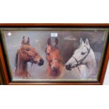 "Red Rum, Desert Orchid & Arkle", framed print; 4 other sporting/hunting prints