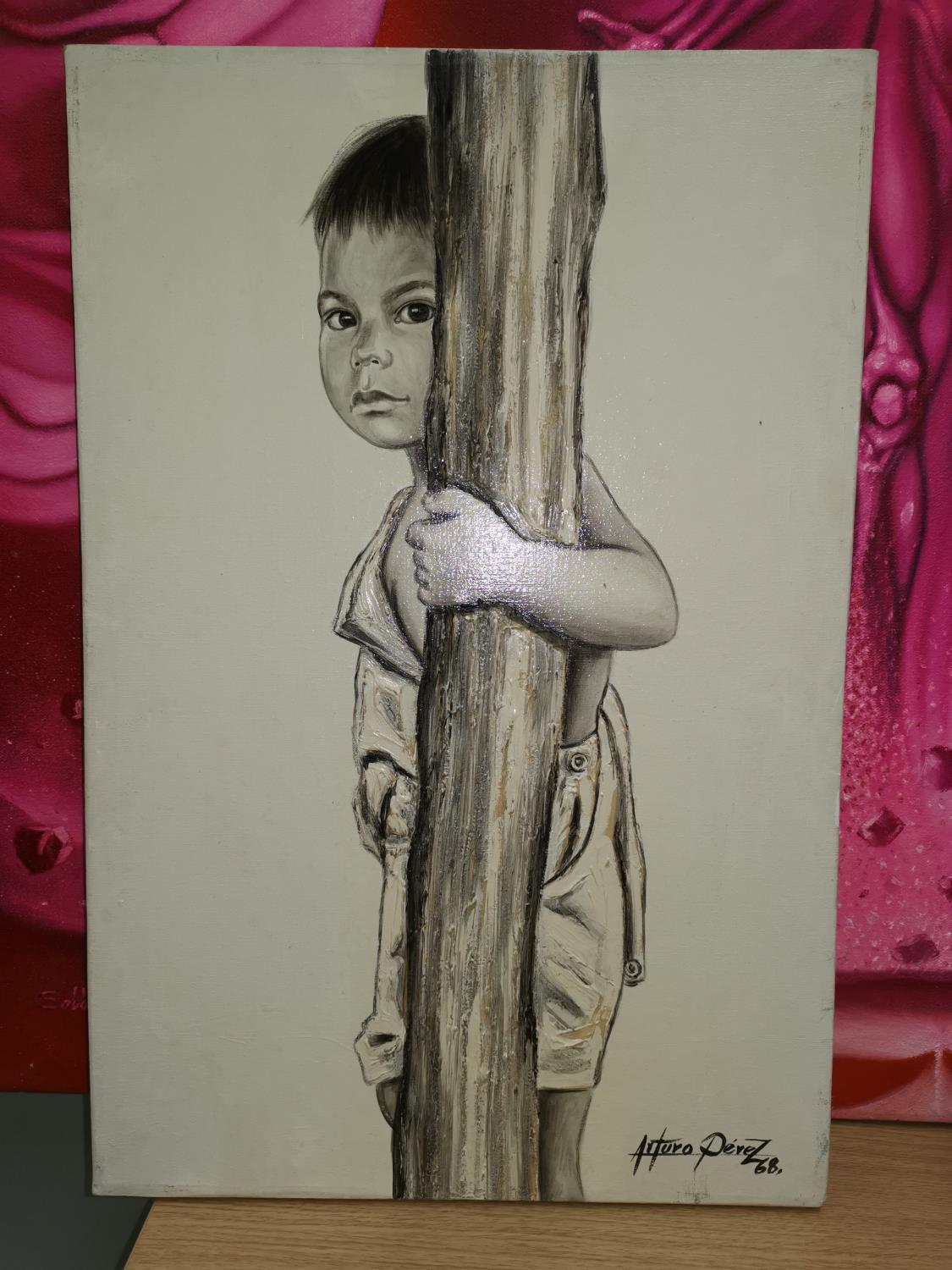 Arturo Perez (Mexican artist): oil on canvas, a boy behind a pillar, signed and dated '68, 24" x