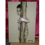 Arturo Perez (Mexican artist): oil on canvas, a boy behind a pillar, signed and dated '68, 24" x