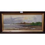 G Hare, c. 1930: Coastal scene with offshore yacht, oil on board, signed, 9.5" x 23.5", framed