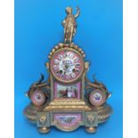 A 19th century Louis XV style ormolu mantel clock with Sevres panel in pink and polychrome and