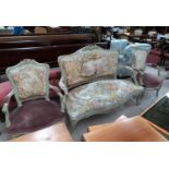 A late 19th / early 20th century Louis XV style 3-piece salon suite with grey / green frame, the