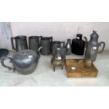 A selection of Chinese pewter including mugs, tea pots, tea caddy, brass lidded censer and brass box