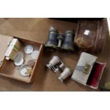 Three WWII medals; 3 crowns; 2 cased pairs of opera glasses; etc.