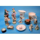 A German porcelain bacchanal figure, 3"; various others (some a.f.)