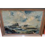 Deakins: "End of an Era", oil on board depicting a battle cruiser in choppy seas, signed, 15" x