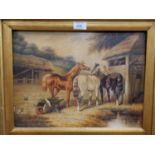 Follower of J F Herring: 3 horses in a farmyard, 20th century oil on panel, bears signature, 11.5" x