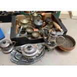 A selection of silver plate and pewter teaware; brass and other metalware; door furniture