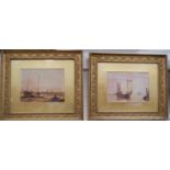 19th Century British: pair of watercolours, coastal scenes with fishing smacks, 10" x 13.5", gilt