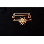 A bar brooch with seed pearl star, stamped '9CT'; a plain bar brooch, stamped '9CT', 6.3 gm; a