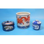 Three pieces of Chinese porcelain including Kang-xi lidded pot (no handles, lid chipped) diameter