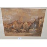 19th Century School: Continental town square with market, watercolour, unsigned, 11.5"x 15.5",