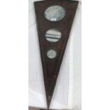 A Chinese triangular dreamstone and wooden panel with 3 graduating stones, length 34.5"