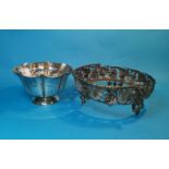 A silver circular lobed bowl with serrated rim, London 102, 6.5 oz; an ornate plated dish stand