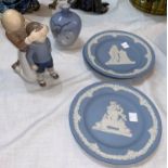 A Royal Copenhagen vase; a D&G figure group of children, 6.5"; 3 Wedgwood Jasperware plates