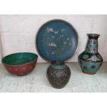 Four pieces of cloisonnee: 2 vases, a bowl and a plate