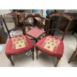 An Edwardian mahogany corner armchairand a pair of Victorian walnut salon chairs