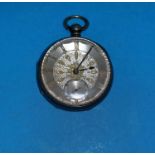 An open face hallmarked silver cased pocket watch with second complication, silver and gilt dial,