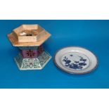A circular Chinese blue and white plate diameter 6.5"; a Chinese turquoise and pink hexagonal