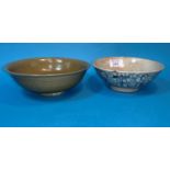 Three pieces of early Oriental pottery including circular celedon bowl on raised foot diameter 7" (