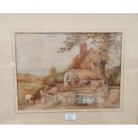 Follower of Birkett Foster: Girl and calf by a country cottage, watercolour, monogramed, 10.5" x