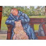 Charles M Jones, 1923-2008: Elderly lady asleep on park bench, oil on board, signed, 14" x 18",