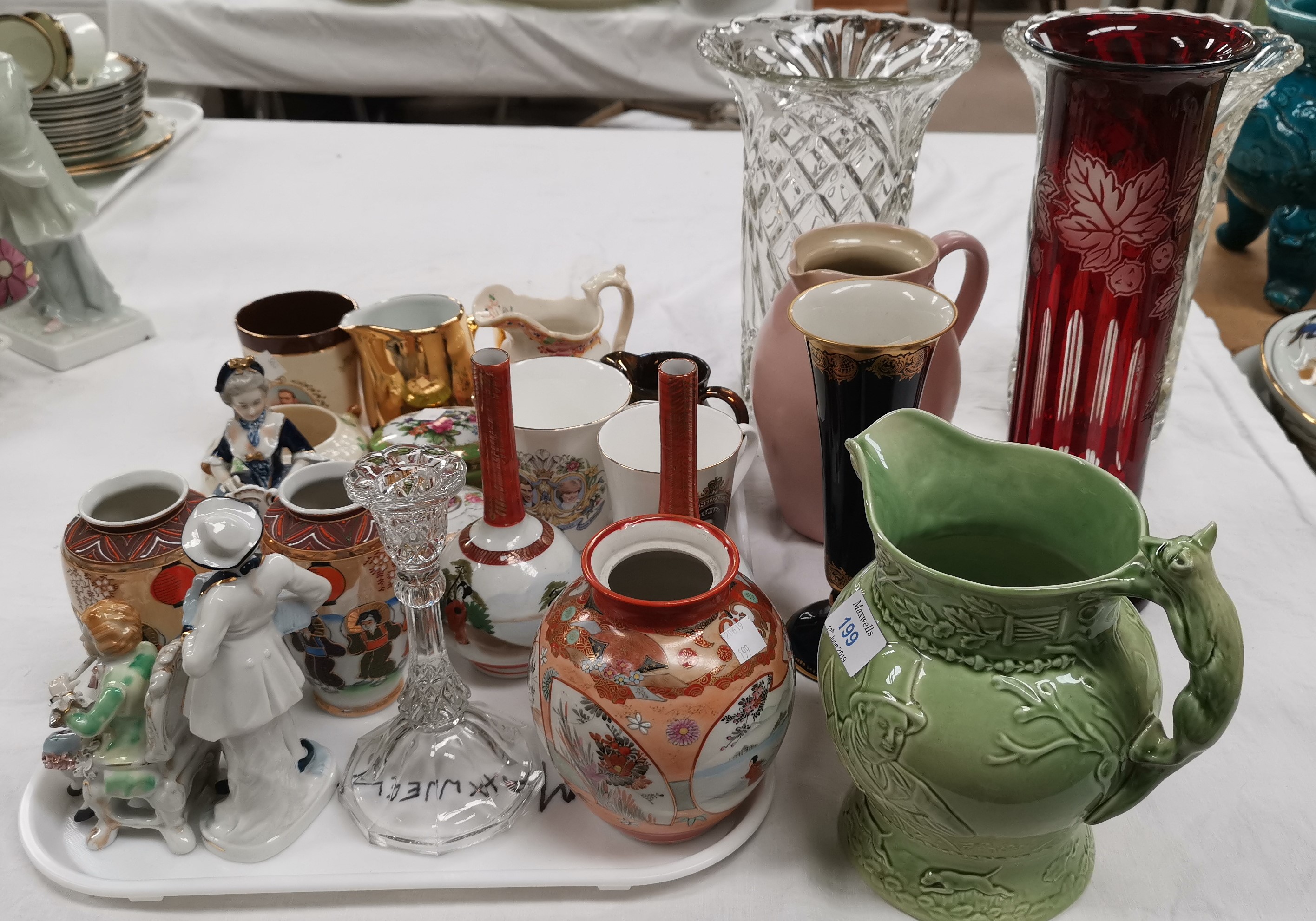 A selection of decorative china and glass: a musical jug; Dresden style figures; vases; etc.