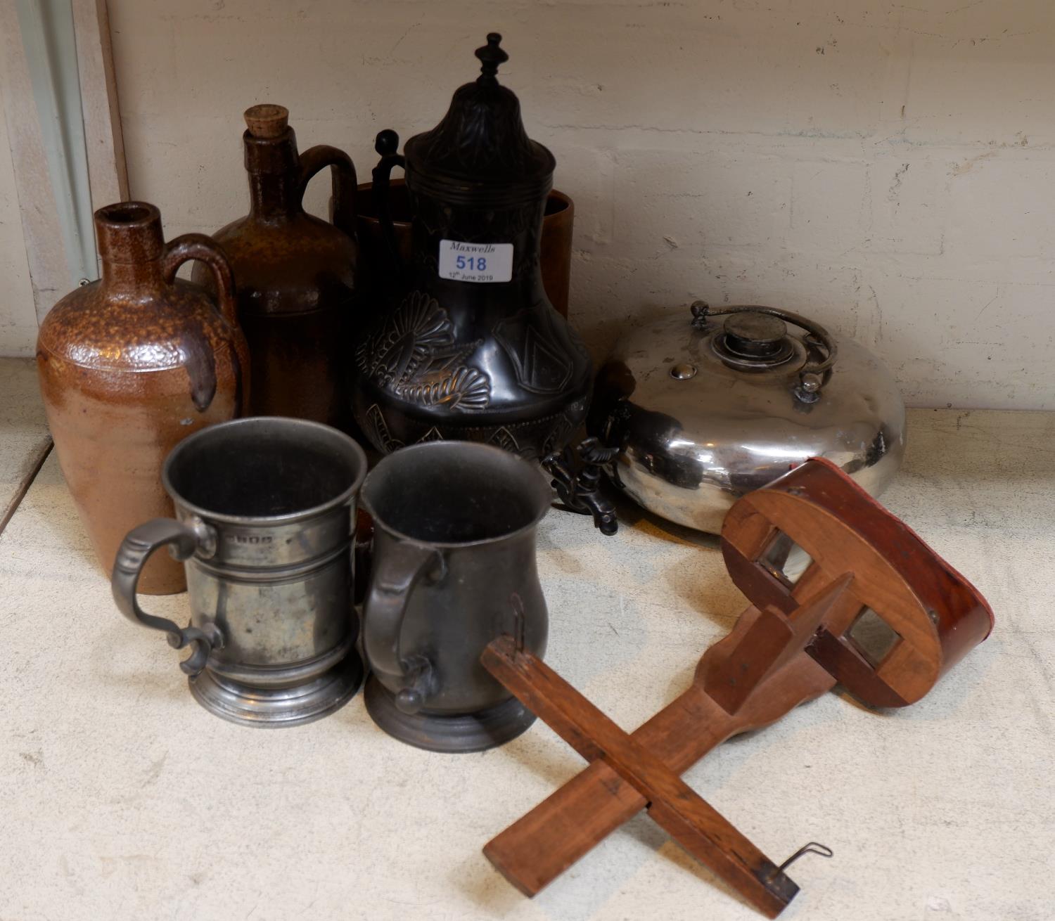 Two 18th century pewter mugs and other collectables