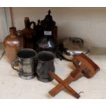 Two 18th century pewter mugs and other collectables