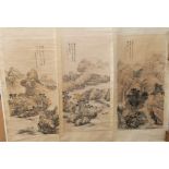 Three early/mid 20th century Chinese scroll pictures depicting figures in landscapes, with Chinese