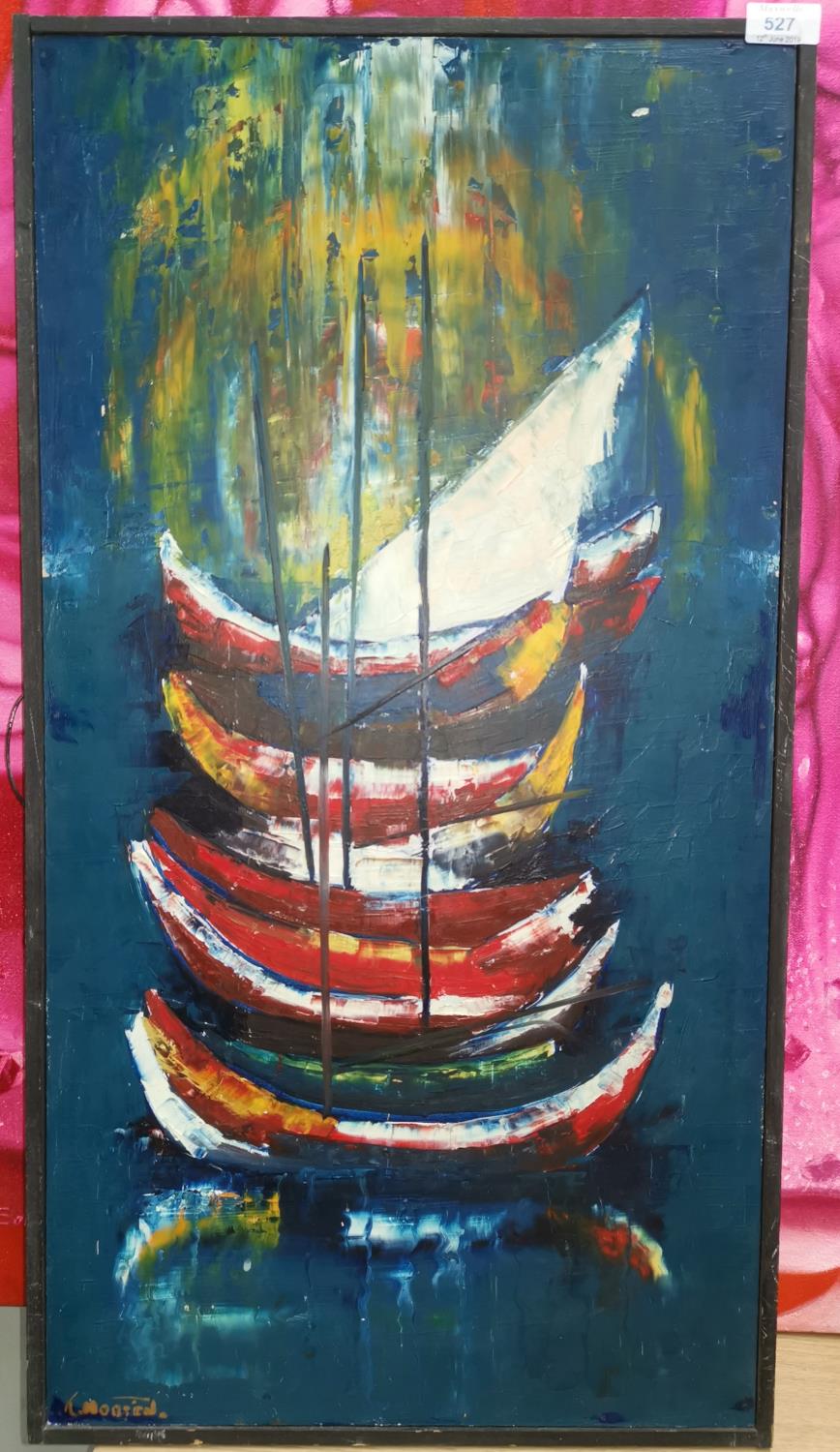 20th Century oil on board, abstract boats on water, signed indistinctly bottom left, 30" x 16",