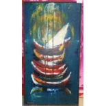 20th Century oil on board, abstract boats on water, signed indistinctly bottom left, 30" x 16",