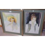 Malcolm Young: 2 half length portraits of young women, 18" x 14.5" & 18" x 11.5", framed and glazed