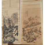 Two early/mid 20th century Chinese scroll pictures depicting figures in landscapes, with Chinese