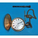 A gold plated hunter pocket watch with chain; an engraved pencil with bloodstone seal fob