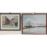 Alan Chapman: Lake scene, oil on board, signed, framed; 2 prints of Stockport; a gilt wall mirror